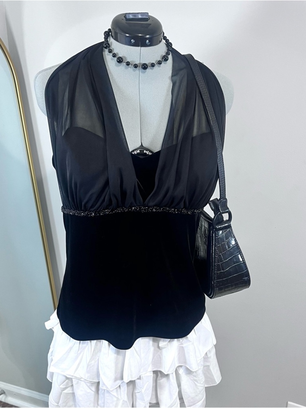 Vintage 90s Black Velvet Top With Mesh Overlay & Beaded Detail